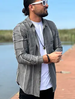 پیراهن آستین بلند راه راه درشت طوسی تیره کد 11227 - فروشگاه پوشاک M2Mode