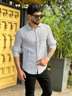 پیراهن آستین بلند راه راه ریز سفید سبز کد 11226 - فروشگاه پوشاک M2Mode