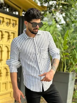 پیراهن آستین بلند راه راه ریز سفید سبز کد 11226 - فروشگاه پوشاک M2Mode