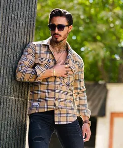 پیراهن پشمی راه راه نخودی کد 11300 - فروشگاه پوشاک M2Mode