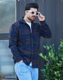 پیراهن پشمی چهارخونه سرمه ای سبز قرمزکد 11570 - فروشگاه پوشاک M2Mode