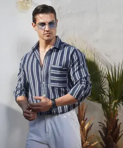 پیراهن مردانه آستین بلند راه راه سرمه ای سفید کد 12014 - فروشگاه پوشاک M2Mode