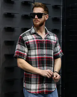 پیراهن مردانه آستین کوتاه چهارخونه کرم مشکی قرمز سبز کد 12318 - فروشگاه پوشاک M2Mode