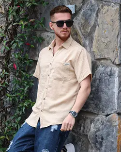 پیراهن مردانه آستین کوتاه مراکشی کرم روشن کد 12599 - فروشگاه پوشاک M2Mode