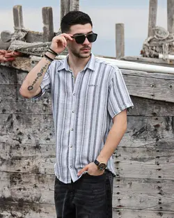 پیراهن مردانه آستین کوتاه کنفی راه راه catch سفید سبز کد 12660 - فروشگاه پوشاک M2Mode