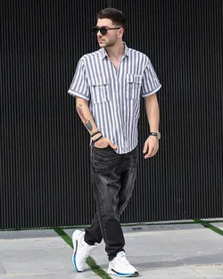 پیراهن مردانه آستین کوتاه کنفی راه راه FASHION سفید مشکی کد 12706 - فروشگاه پوشاک M2Mode