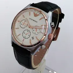 ساعت مچی عقربه‌ای مردانه مدل بندچرمی قاب فلزی تاریخ شمار سه موتور کرنوگراف کد 2