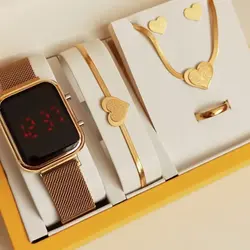 ساعت مچی زنانه و دخترانه ال ای دی بند حصیری فلزی بدنه فلزی روز شمار دار led