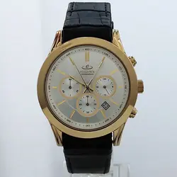 الگانس کرنو ساعت مچی مردانه عقربه ای بند چرمی ارسال رایگان رومانسون سه موتور کرنوگراف ضدآب تاریخ شمار