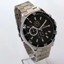 ساعت بندفلزی عقربه ای مردانه سه موتورفعال ضدآب تاریخ دار ارسال رایگان تاریخ شمار ساعت نقره ای صفحه مشکی عقربه شب نما