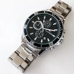 ساعت بندفلزی عقربه ای مردانه سه موتورفعال ضدآب تاریخ دار ارسال رایگان تاریخ شمار ساعت نقره ای صفحه مشکی عقربه شب نما