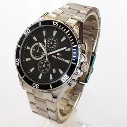 ساعت بندفلزی عقربه ای مردانه سه موتورفعال ضدآب تاریخ دار ارسال رایگان تاریخ شمار ساعت نقره ای صفحه مشکی عقربه شب نما