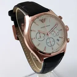 هدیه خاص ساعت مچی عقربه ای مردانه بند چرمی مشکی ساعت شیک روزپدر سه موتوره ضدآب تاریخ شمار