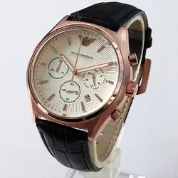 هدیه خاص ساعت مچی عقربه ای مردانه بند چرمی مشکی ساعت شیک روزپدر سه موتوره ضدآب تاریخ شمار