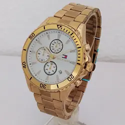 ساعت مچی عقربه‌ای مردانه مدل ضدآب طلایی 3 موتور فعال کرنوگراف رنگ ثابت تاریخ شمار اسپرت و شیک