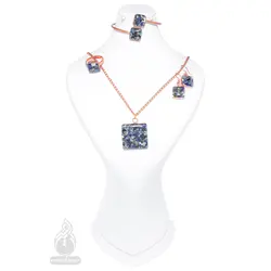 ست کامل مس با نگین سنگ و رزین طرح مربع 2 آبی و خاکستری