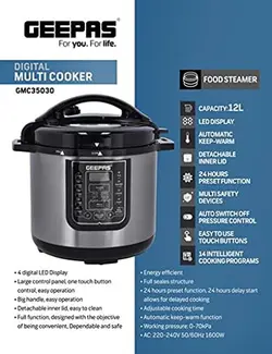 زودپز بخارپز پلوپز چندکاره دیجیتال Geepas مدل‎GMC35030| ظرفیت 12 لیتر| 14 برنامه پخت|نمایشگر LED|ارسال 15 الی 20 روزکاری | ایپسند| خرید از آمازون | خرید آسان از امارات و امریکا