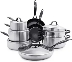 سرویس قابلمه 13 پارچه برند GreenPan|مدل ‎CC002403-001|نقره ای|Venice Pro|ست قابلمه و ماهیتابه|سرامیکی| استیل سه لایه|دسته مشکی مات| بدون PFAS| چند روکش| القایی| قابل شستشو در ماشین ظرفشویی|ارسال 10 الی 20 روز کاری | ایپسند| خرید از آمازون | خرید آسان از امارات و امریکا