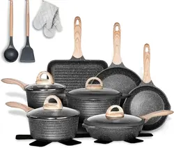 ست قابلمه و ماهیتابه JEETEE عددی 20،نچسب،با پوشش گرانیتی، قابلمه، ماهی تابه، تابه گریل،قابلمه پخت و پز، بدون PFOA،(خاکستری، ست ظروف آشپزی 20 عددی)-ارسال 10 الی 20 روز کاری | ایپسند| خرید از آمازون | خرید آسان از امارات و امریکا