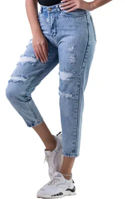 شلوار جین مام آبی زاپدار زانفیکس دار