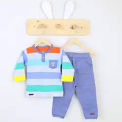 بلوز آستین بلند و شلوار طرح راه راه برگ سبز