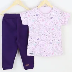 بلوز آستین کوتاه و شلوار طرح پرنده و گل