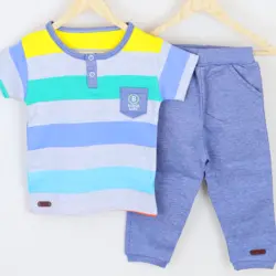 بلوز آستین کوتاه و شلوار طرح راه راه برگ سبز