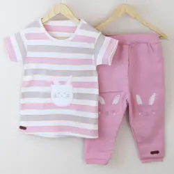 بلوز آستین کوتاه و شلوار طرح راه راه خرگوش