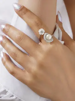 انگشتر صدف مرواریدی جواهری نقره زنانه کد 10725