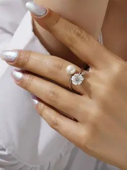 انگشتر صدف مرواریدی جواهری نقره زنانه کد 10722