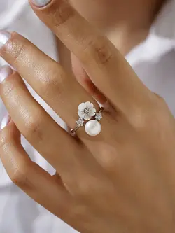 انگشتر صدف مرواریدی جواهری نقره زنانه کد 10723