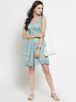 لباس مجلسی آبی رنگ گلدار سِرا