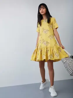 لباس مجلسی زرد رنگ گلدار بامبِی