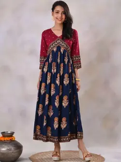 پیراهن آبی رنگ چاپدار راست اورنج