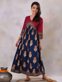 پیراهن آبی رنگ چاپدار راست اورنج