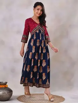 پیراهن آبی رنگ چاپدار راست اورنج