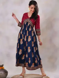 پیراهن آبی رنگ چاپدار راست اورنج