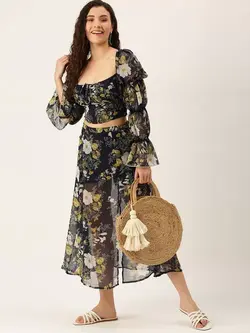 دامن سورمه ای رنگ گلدار انوی