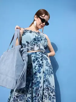 دامن آبی رنگ گلدار انوی