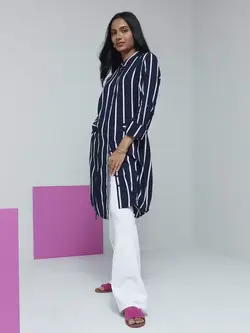 مانتو سورمه ای رنگ راه راه لُو