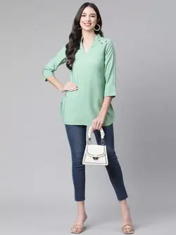 تونیک رنگ سبز روشن یقه هفت کوتین فاب