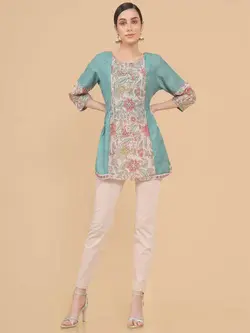 تونیک طرح گل فیروزه ای رنگ ساچ