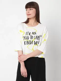 تیشرت طرح دار سفید آستین سه ربع ورو مودا