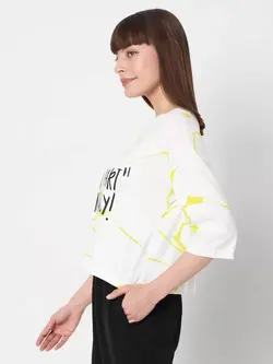 تیشرت طرح دار سفید آستین سه ربع ورو مودا