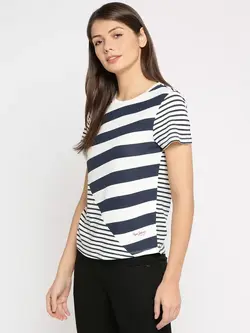 تیشرت چاپی راه راه سفید یقه گرد پِه پِه