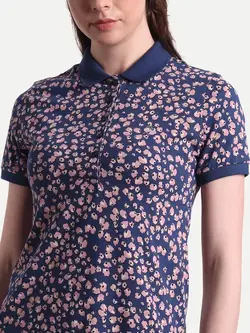 تیشرت یقه دار چاپدار آبی رنگ بنتون