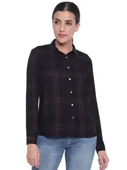 پیراهن زنانه چهار خونه زیتونی آبی