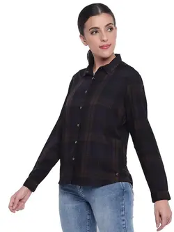 پیراهن زنانه چهار خونه زیتونی آبی