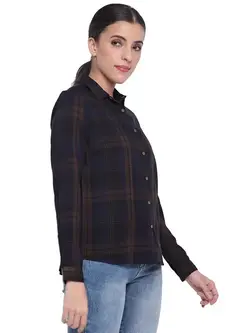 پیراهن زنانه چهار خونه زیتونی آبی