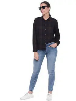 پیراهن زنانه چهار خونه زیتونی آبی